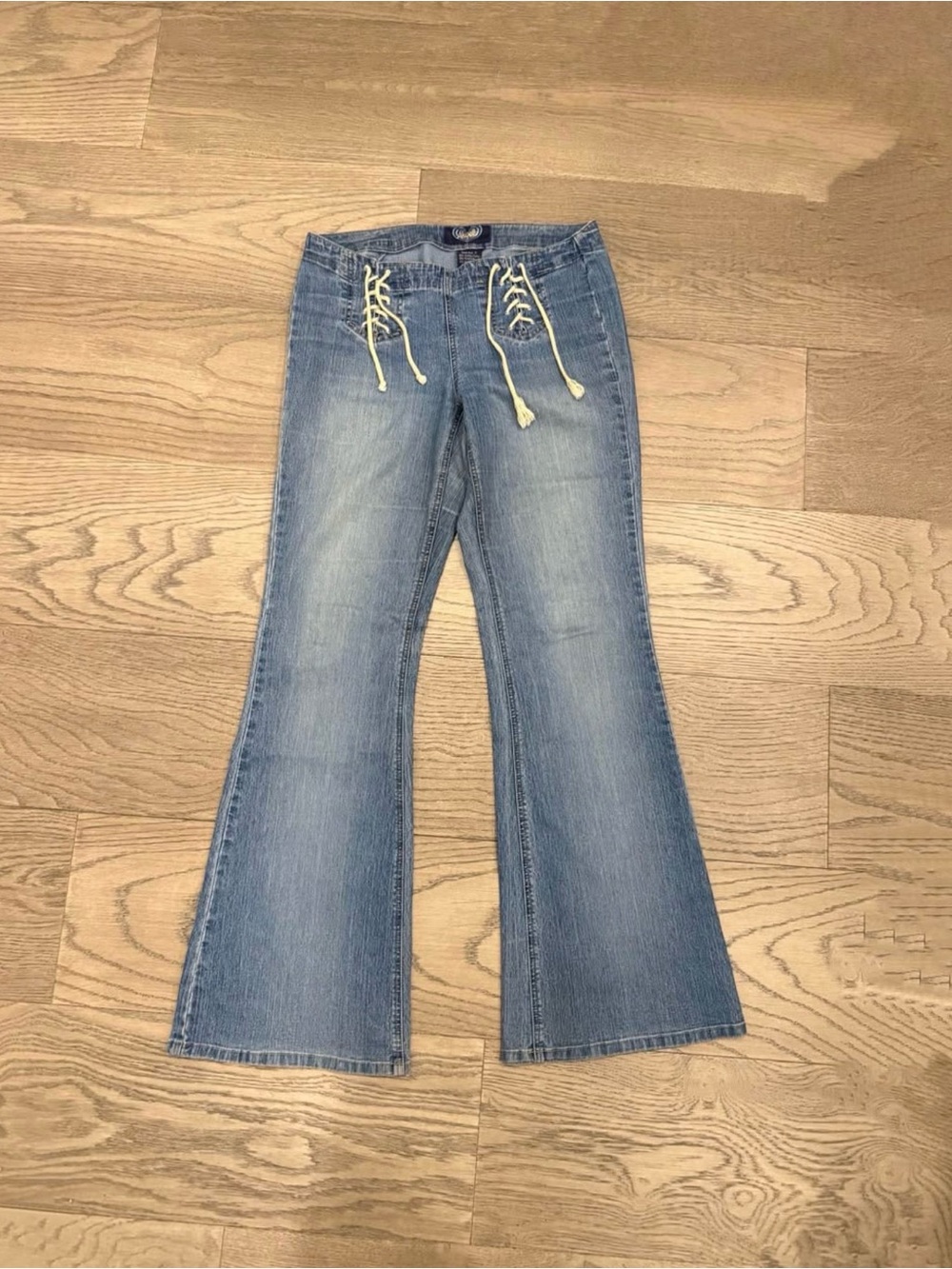 Angels Lace-Up Low Rise Flare Jeans Light Wash Bootcut Denim